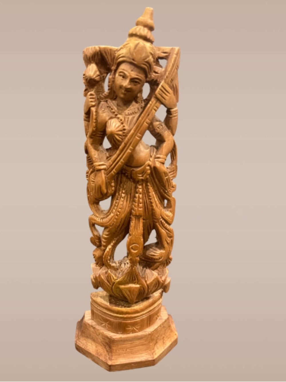 Vintage Saraswati Hand Carved Sandalwood statue
